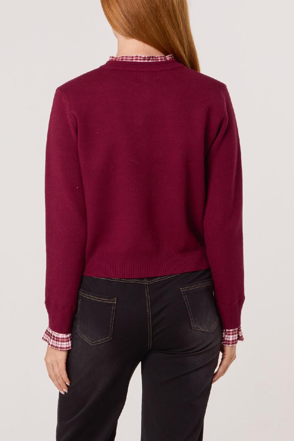 Qed London Tartan Ruffle Trim Knit Cardigan