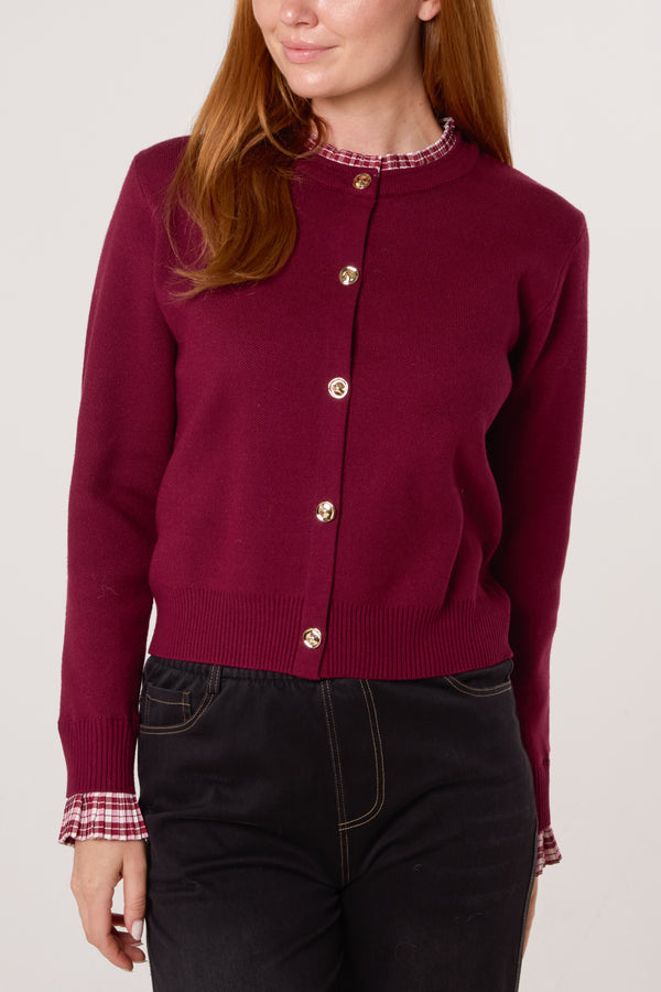 qed london Tartan Ruffle Trim Knit Cardigan