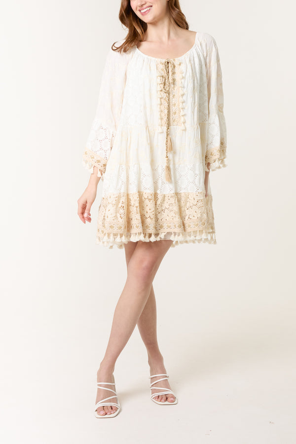 Qed London Tassel & Embroidery Lace Mini Dress
