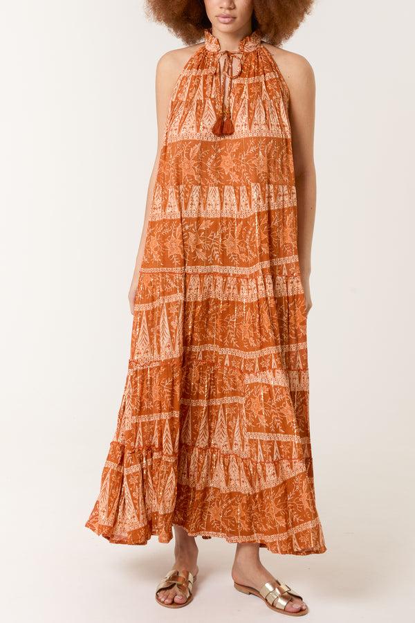 Qed London Tassel High Tie Neck Maxi Dress