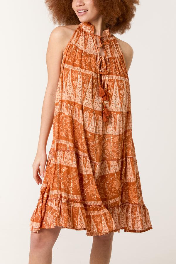 Qed London Tassel High Tie Neck Mini Dress