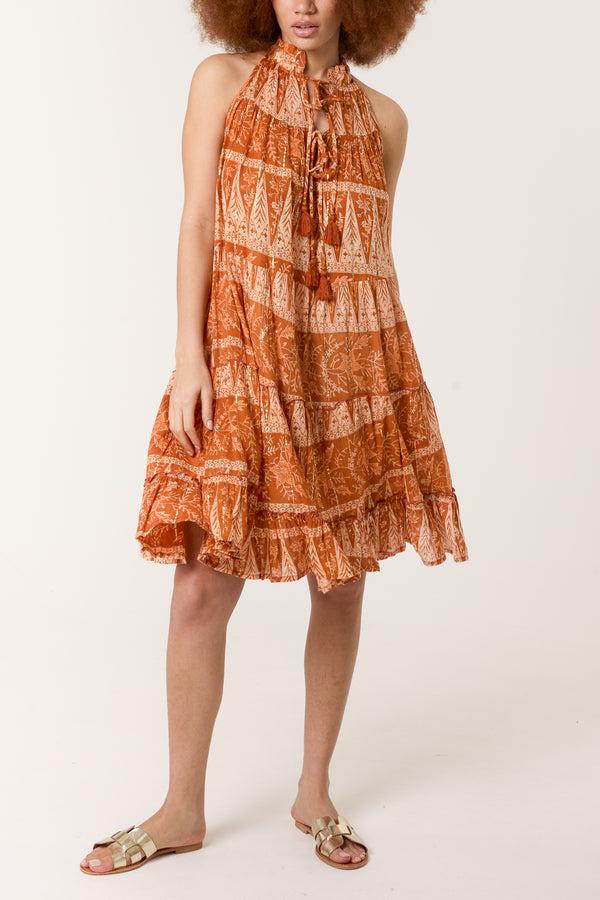 qed london Tassel High Tie Neck Mini Dress