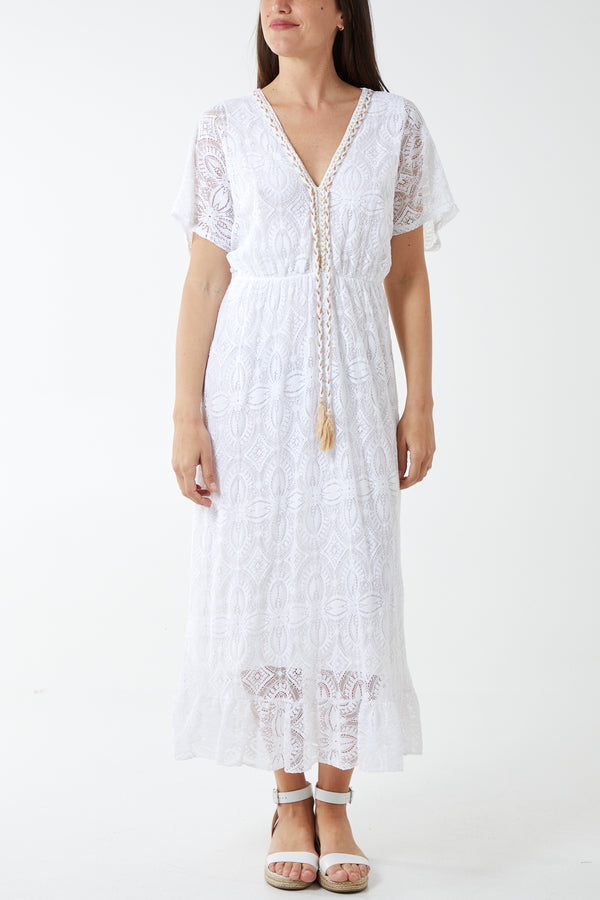 qed london Tassel V-Neck Lace Dress