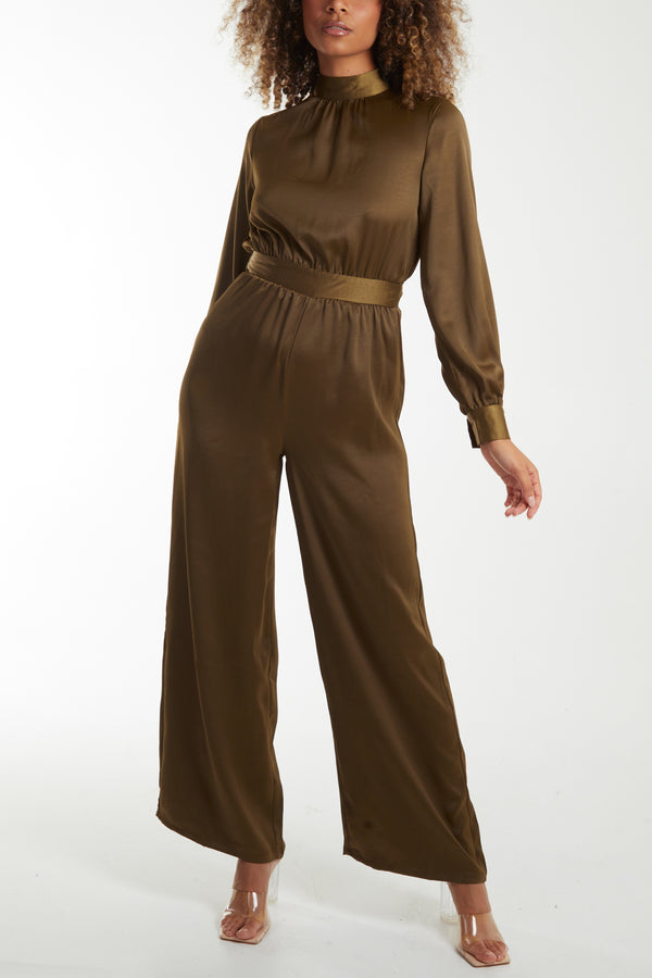 qed london Tie Back High Neck Satin Jumpsuit