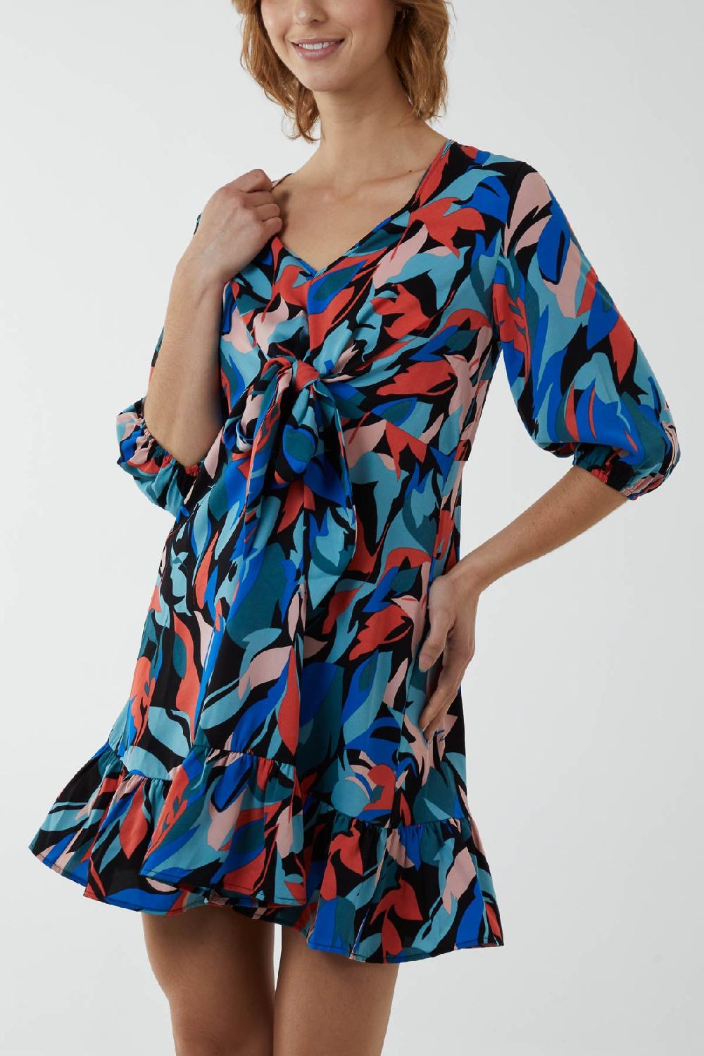 Qed London Tie Front Abstract Print Mini Dress