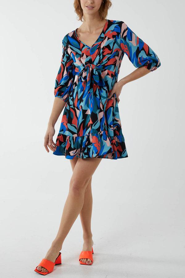 qed london Tie Front Abstract Print Mini Dress