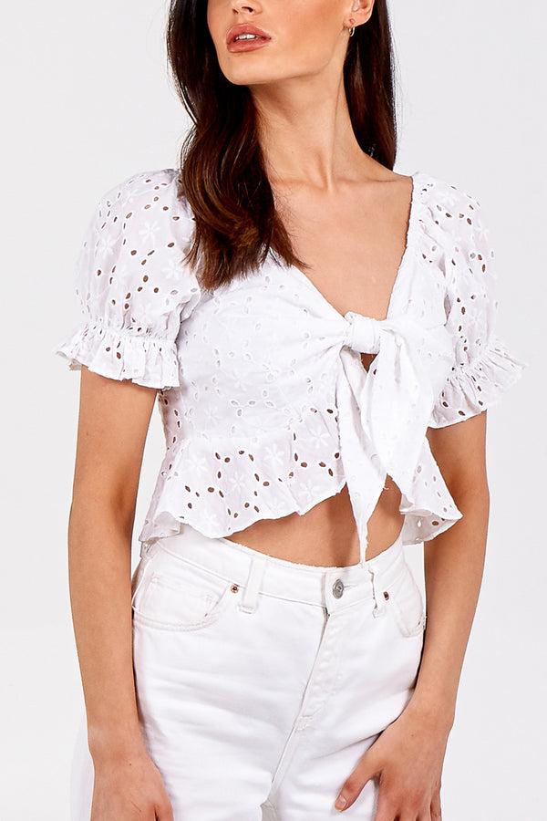 qed london Tie Front Broderie Anglaise Crop Top