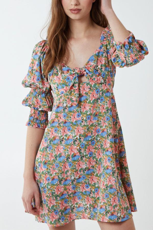 Qed London Tie Front Puff Sleeve Dress