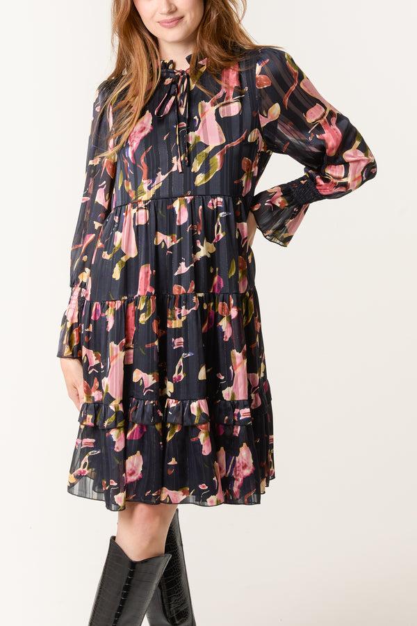 Qed London Tie Neck Floral Chiffon Smock Dress