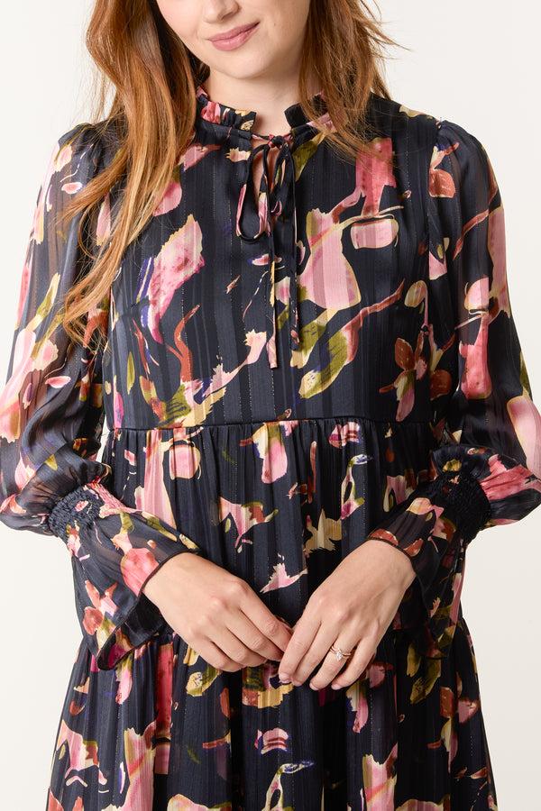 Qed London Tie Neck Floral Chiffon Smock Dress