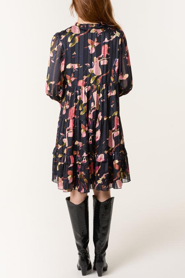 Qed London Tie Neck Floral Chiffon Smock Dress