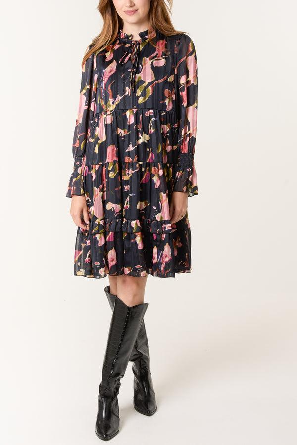 qed london Tie Neck Floral Chiffon Smock Dress