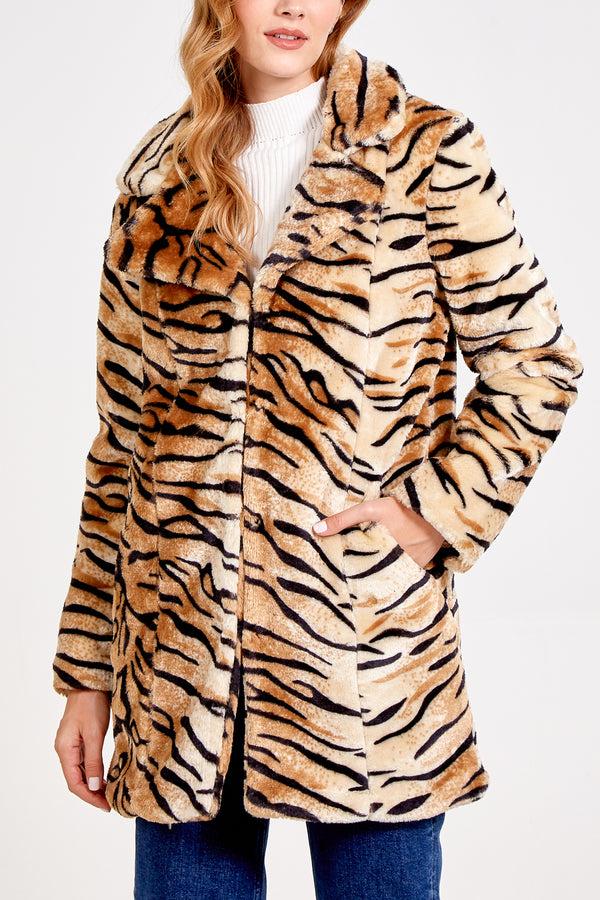 qed london Tiger Print Faux Fur Coat