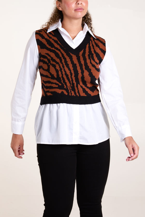 qed london Tiger Print Vest with Shirt