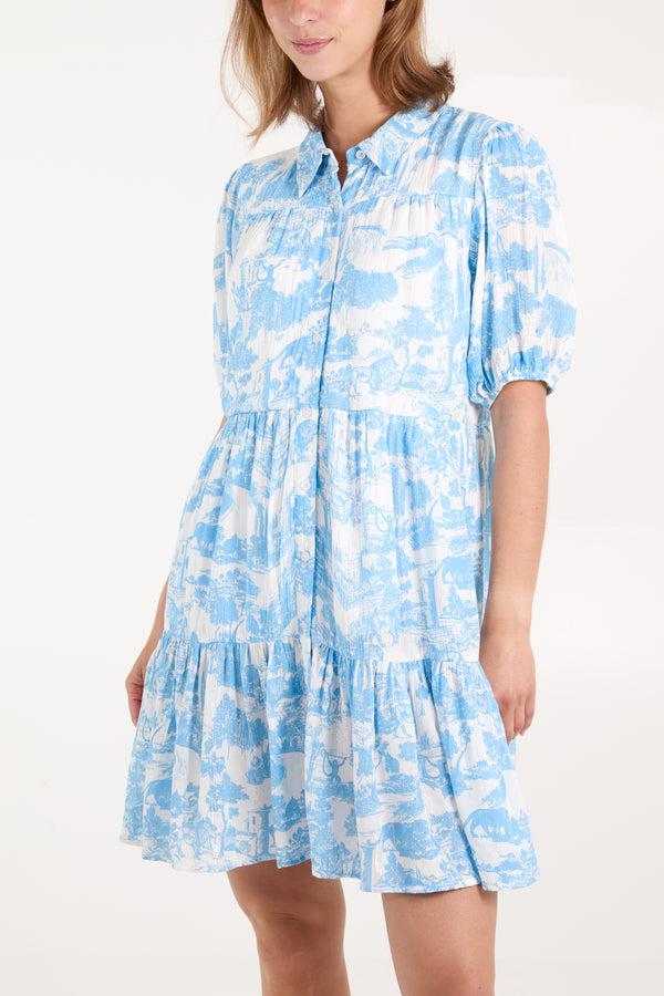 Qed London Toile De Jouy Button Mini Smock Dress