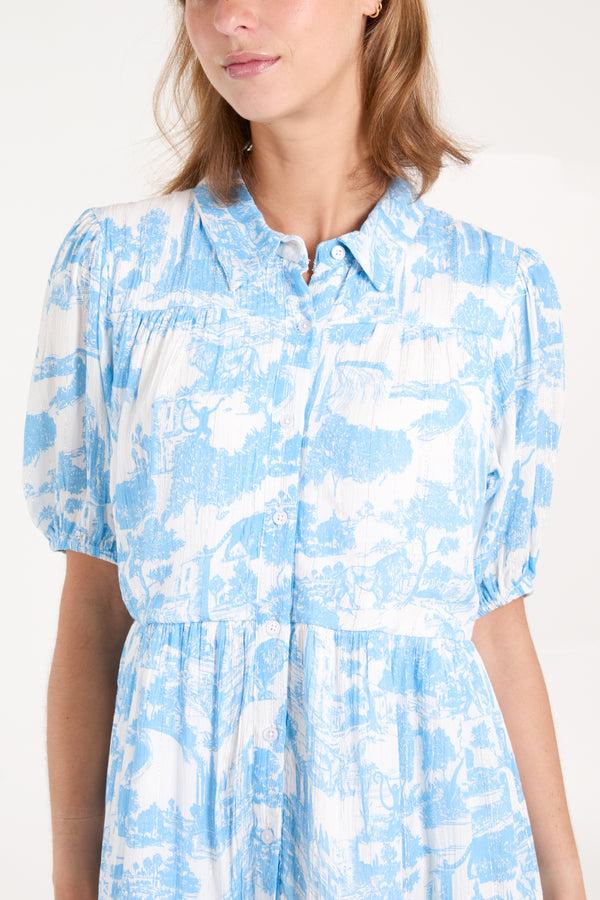 Qed London Toile De Jouy Button Mini Smock Dress