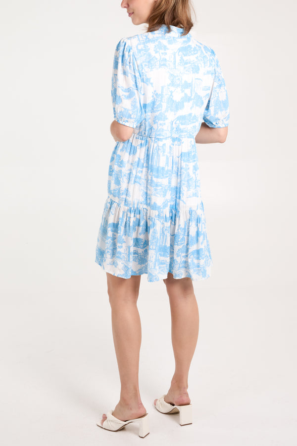 Qed London Toile De Jouy Button Mini Smock Dress