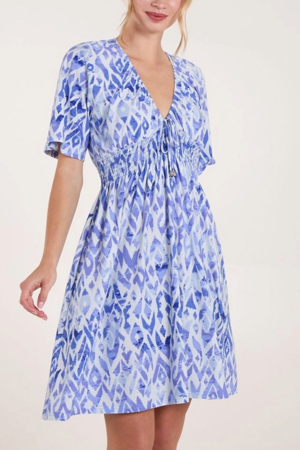 Qed London Tribal Print Tassel Shirred Mini Dress