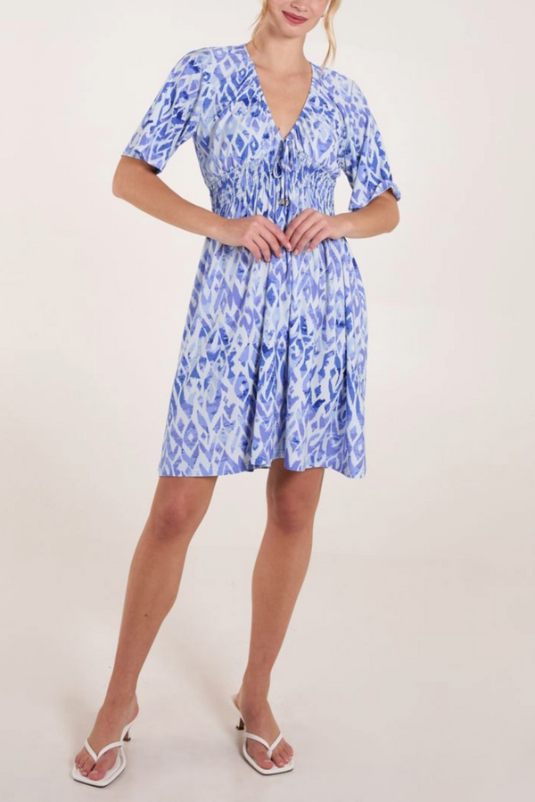 qed london Tribal Print Tassel Shirred Mini Dress