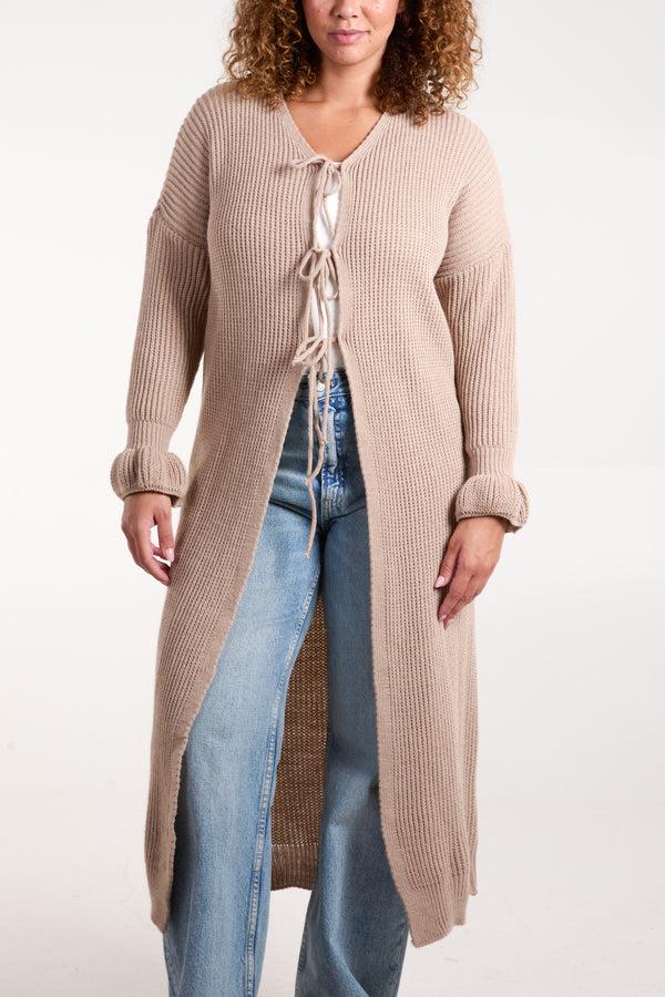 Qed London Triple Tie Front Ribbed Long Cardigan