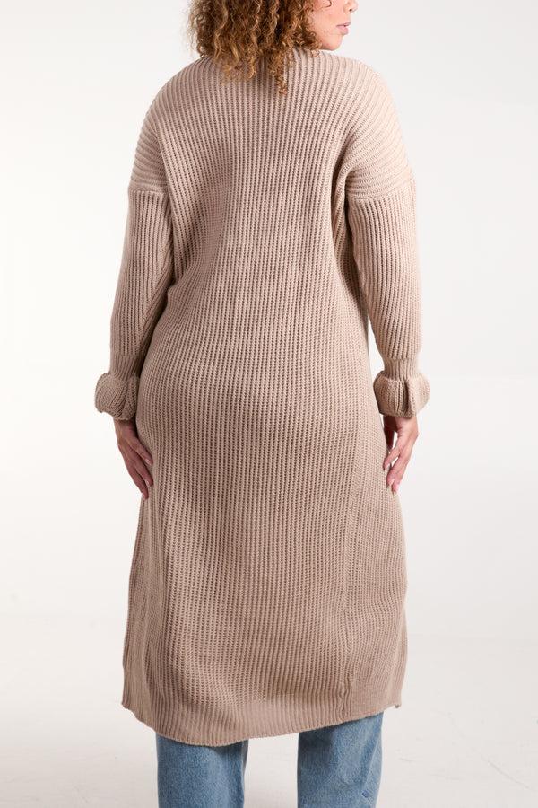 Qed London Triple Tie Front Ribbed Long Cardigan