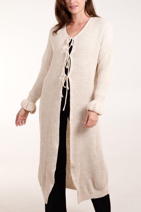 qed london Triple Tie Front Ribbed Long Cardigan