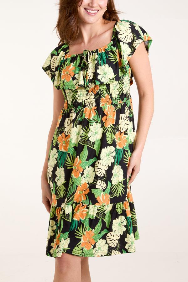 Qed London Tropical Floral Square Neck Dress