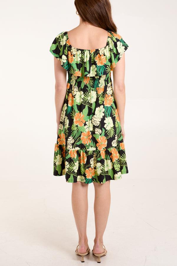 Qed London Tropical Floral Square Neck Dress