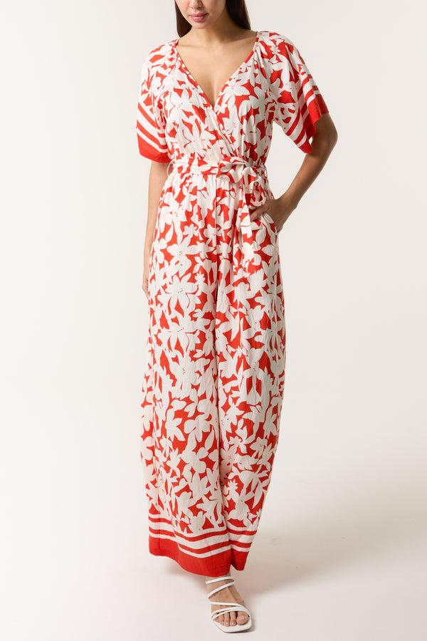 Qed London Tropical Floral Wide-Leg Wrap Jumpsuit