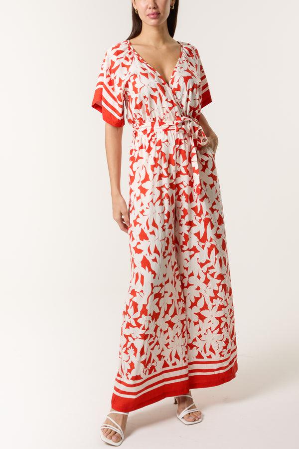 qed london Tropical Floral Wide-Leg Wrap Jumpsuit