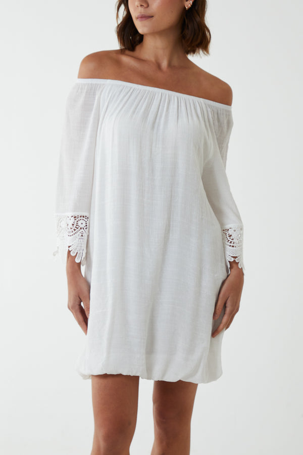 Qed London Tunic Crochet Sleeve Bardot Dress