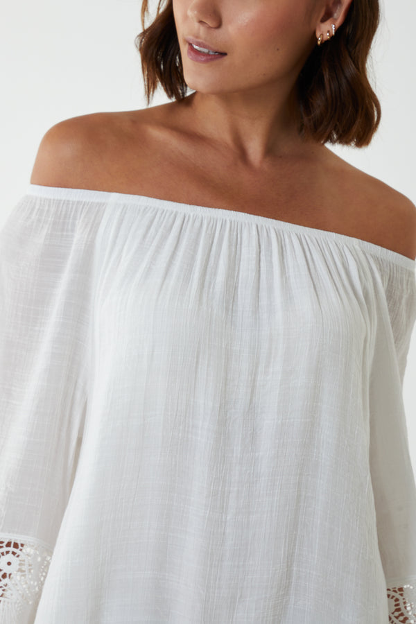 Qed London Tunic Crochet Sleeve Bardot Dress