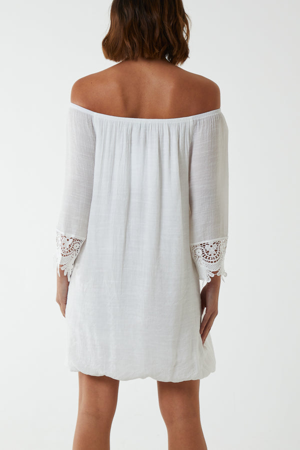 Qed London Tunic Crochet Sleeve Bardot Dress