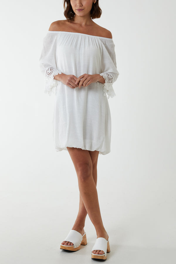 qed london Tunic Crochet Sleeve Bardot Dress