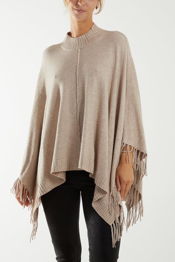 Qed London Turtle Neck Fringed Poncho