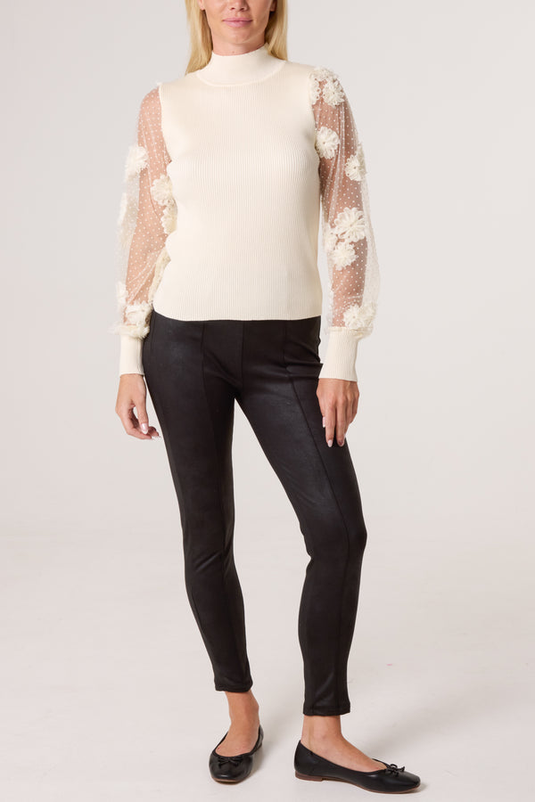 Qed London Turtle Neck Mesh Flower Sleeve Jumper