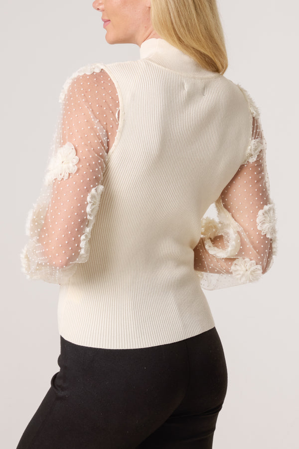 Qed London Turtle Neck Mesh Flower Sleeve Jumper