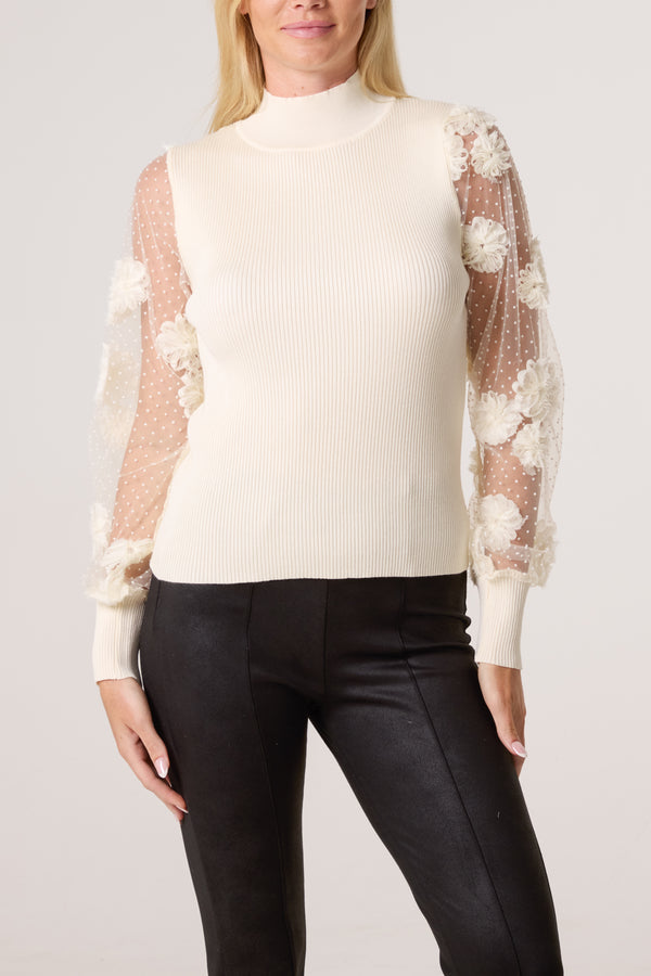 qed london Turtle Neck Mesh Flower Sleeve Jumper