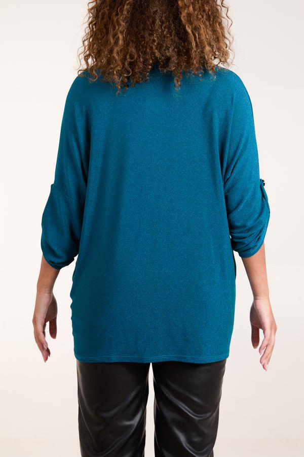 Qed London Twisted Front 3/4 Sleeve Shimmer Top