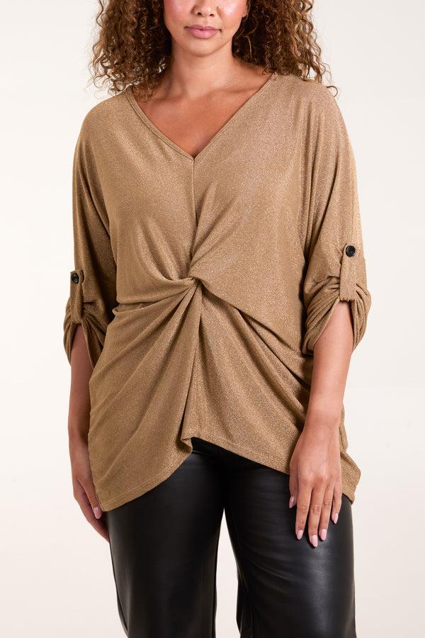 Qed London Twisted Front 3/4 Sleeve Shimmer Top