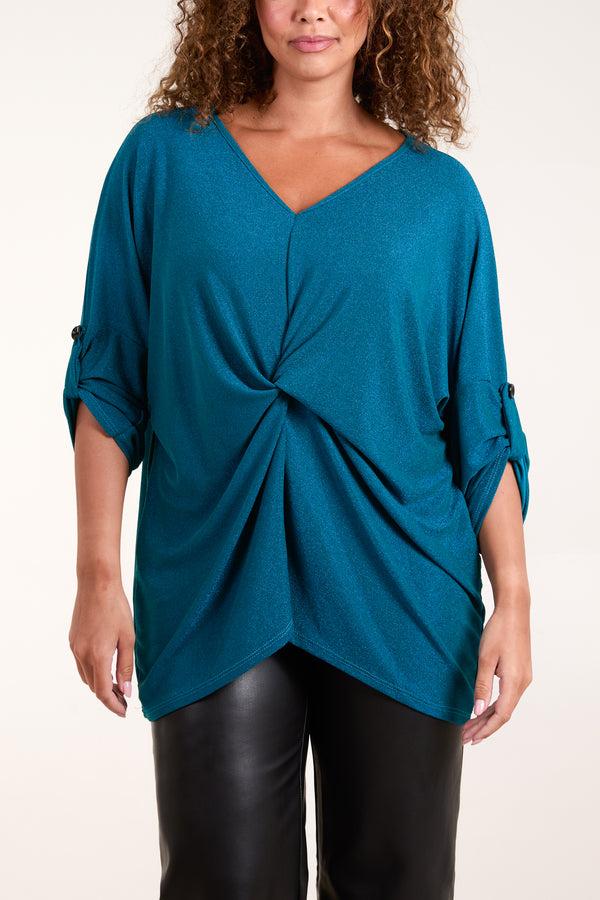 Qed London Twisted Front 3/4 Sleeve Shimmer Top