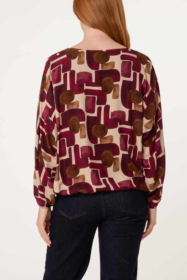 Qed London V-Neck Bubble Hem Geometric Blouse