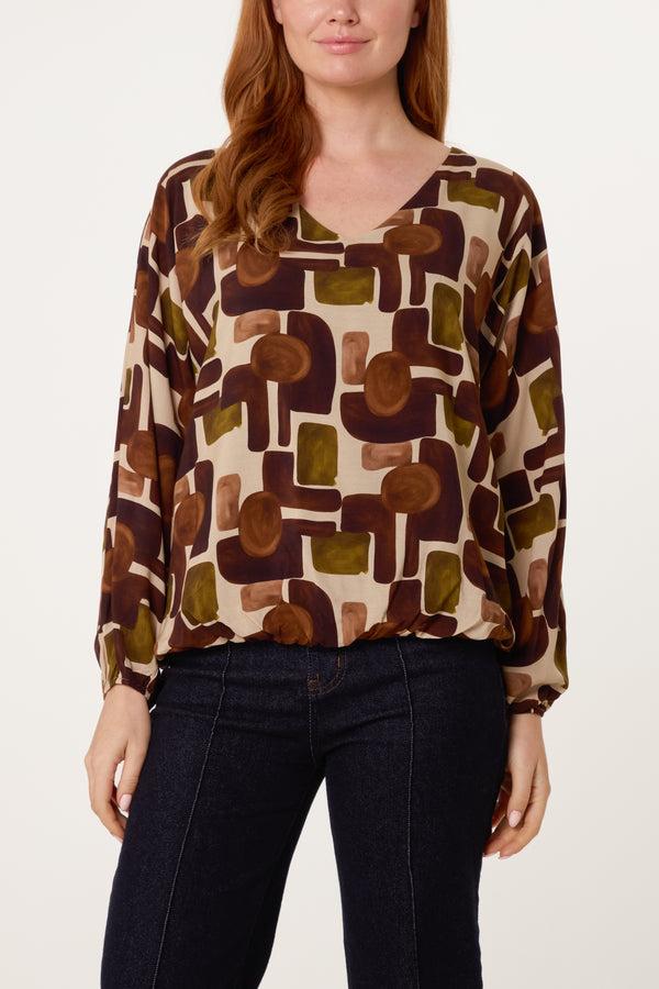 Qed London V-Neck Bubble Hem Geometric Blouse