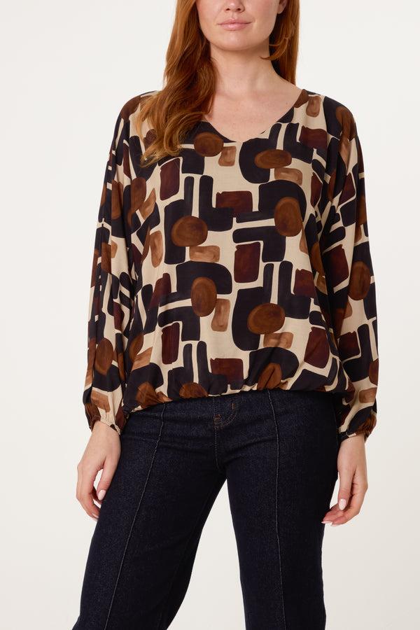 Qed London V-Neck Bubble Hem Geometric Blouse