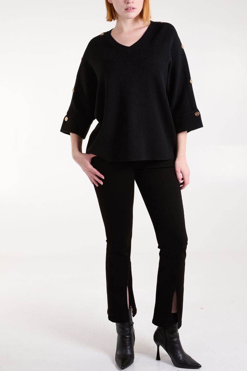 Qed London V Neck Button Sleeve Jumper