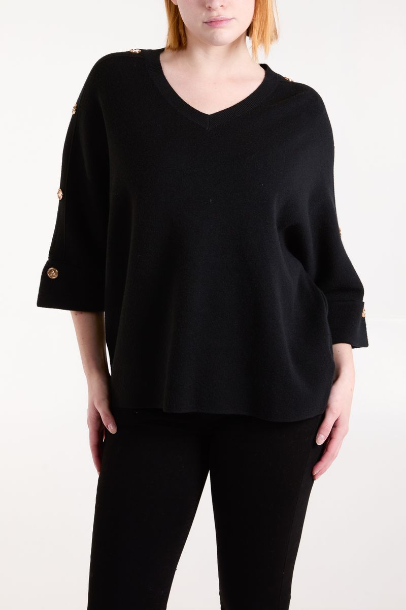 qed london V Neck Button Sleeve Jumper