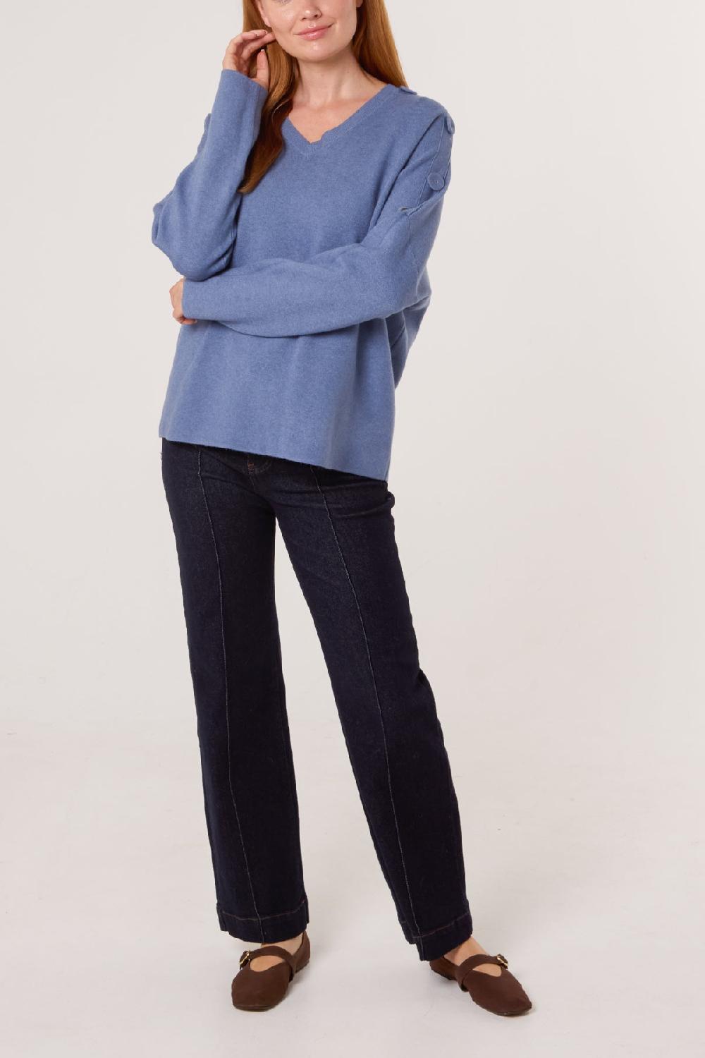 Qed London V-Neck Button Sleeve Knit Jumper