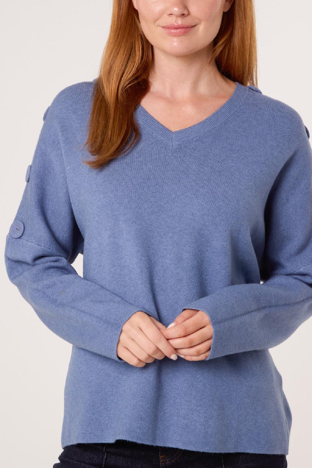 Qed London V-Neck Button Sleeve Knit Jumper