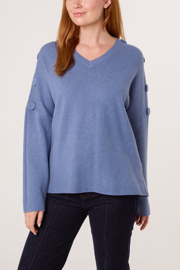Qed London V-Neck Button Sleeve Knit Jumper
