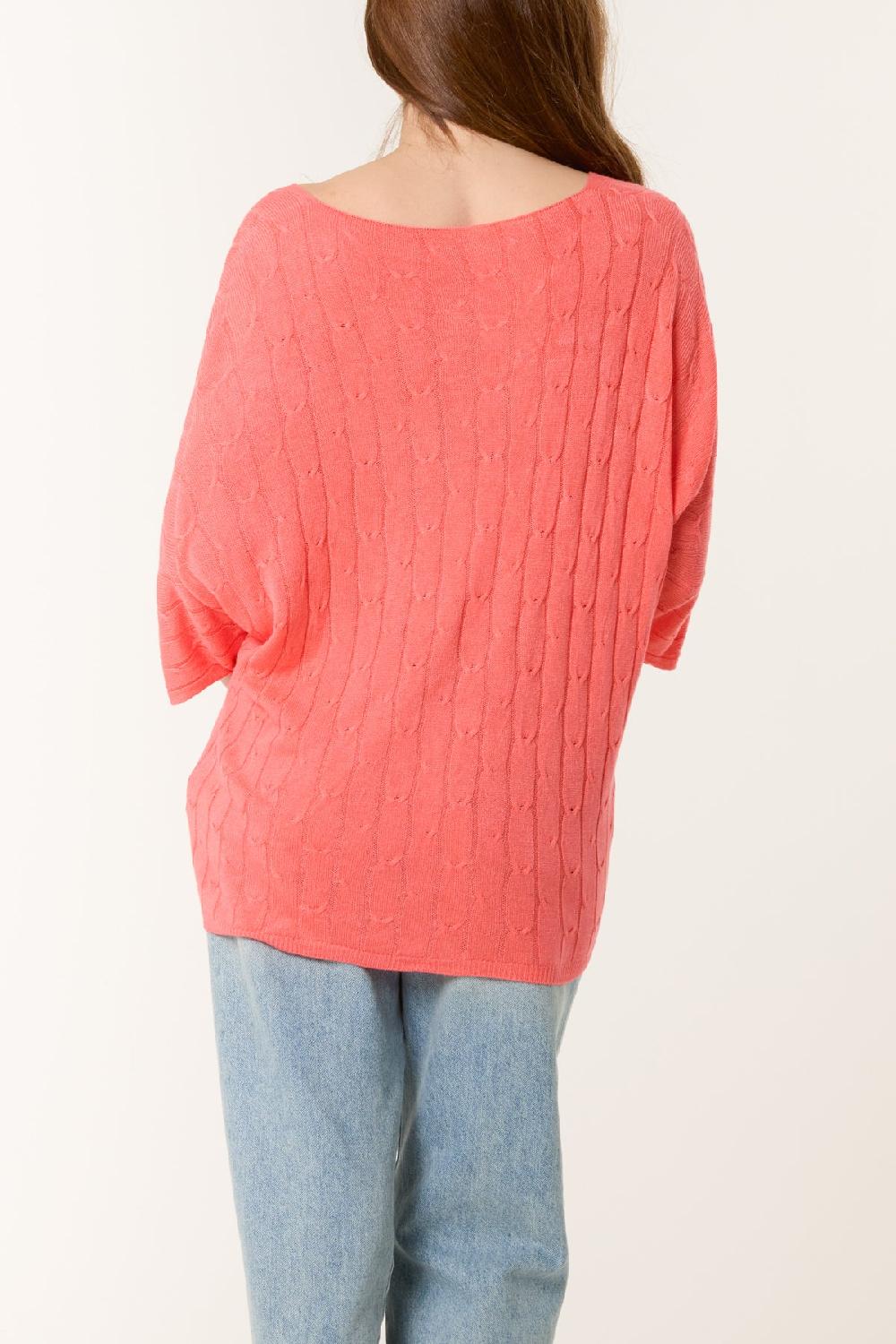 Qed London V-Neck Cable Knit 3/4 Sleeve Jumper
